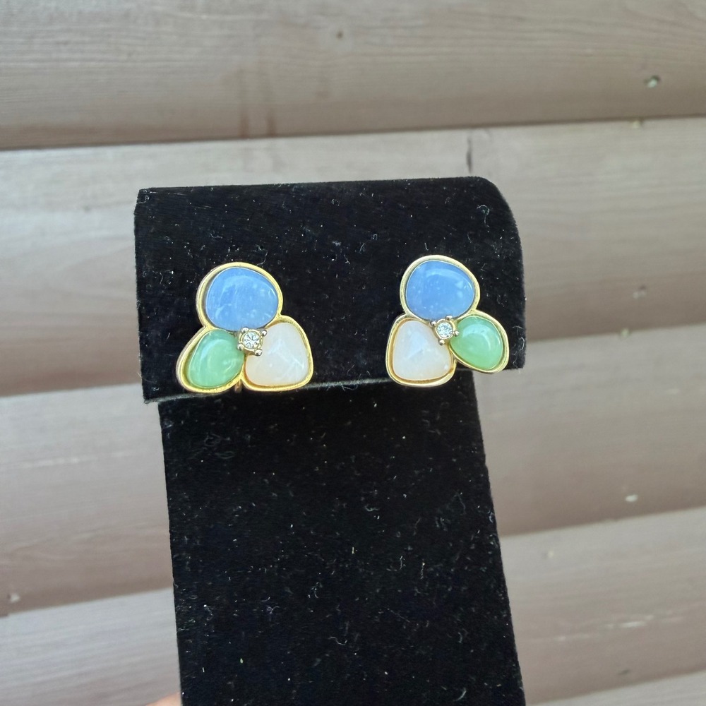 Avon Tourmaline Impressions Earrings Womens Gold Tone Pastel Multicolor 1982‎